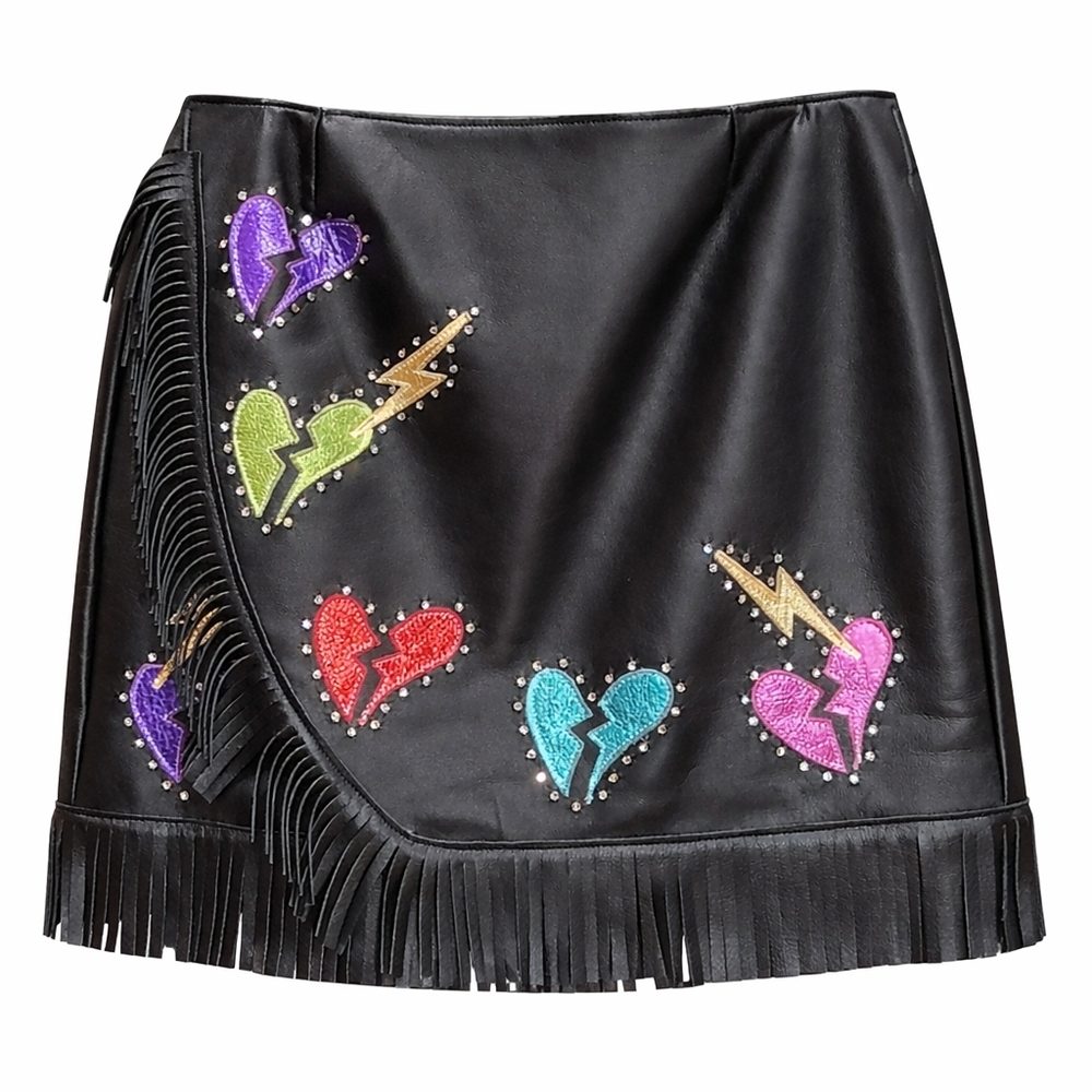 KurtMen Leather Fringe Black Wrap Skirt Heart Lightning Accents S/M Sizes 2-8 - Picture 3 of 10